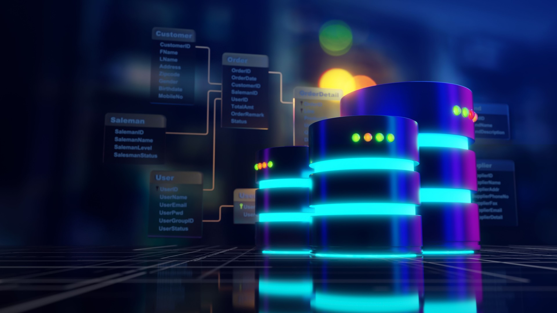 Multiple databases with Relational database tables and Server room background. Concept of database server, SQL, data storage, Data center, Database diagram design. 3D rendering.